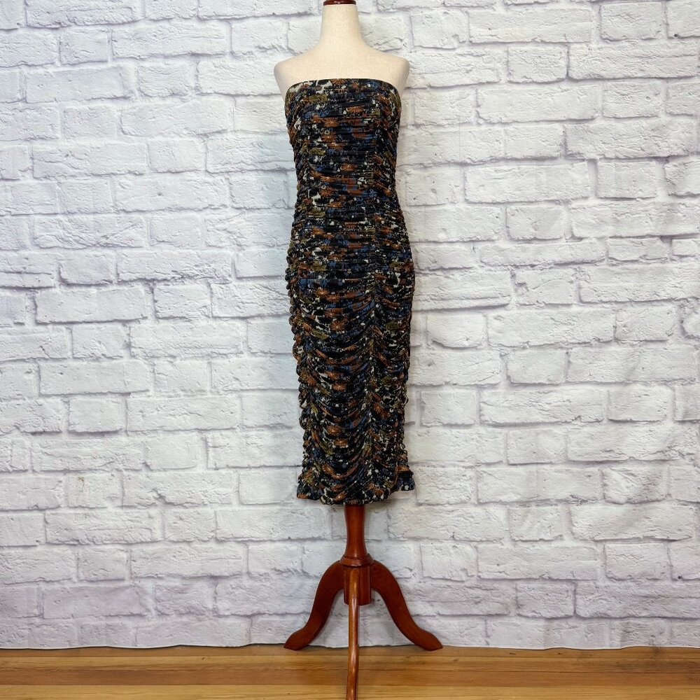 Anthropologie Let Me Be Floral Mesh Draped Strapless Sheath Dress